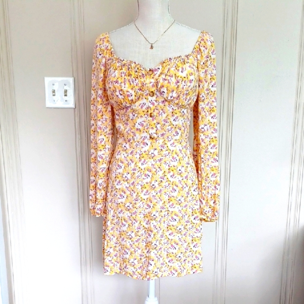 As U Wish - Floral Yellow/Purple Peasant Style Dress Built In Bra Smocked Back